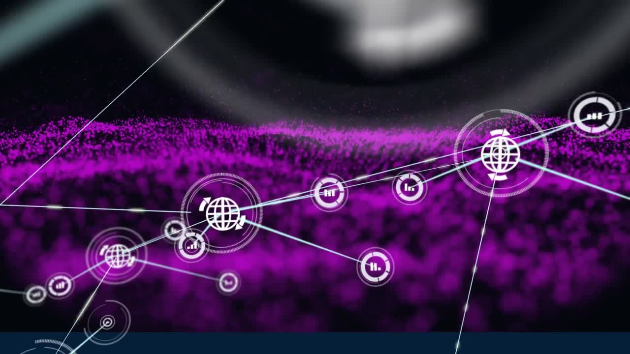 animación de la red de conexiones con iconos sobre una malla púrpura brillante