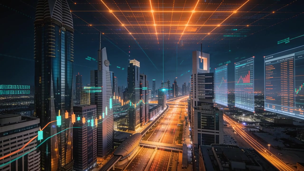 Appearing glowing orange grid causing highway with towers showing candlesticks for live market data