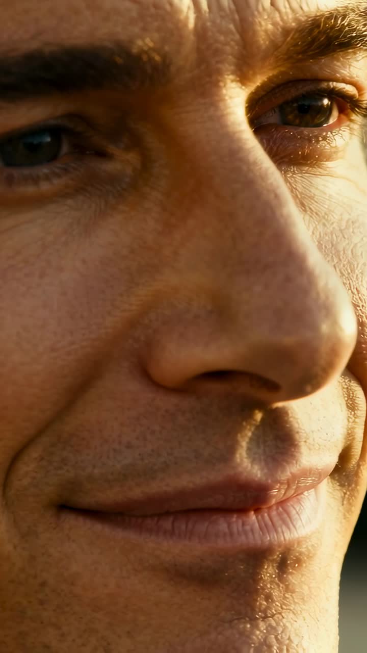 Man reacting to off-camera cue, revealing gentle smile for ad close-up under warm light
