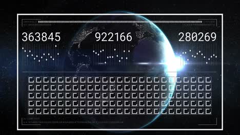 animation of interface with data processing over spinning globe and light spot on black background