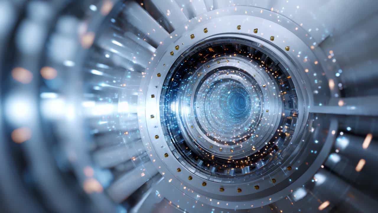 Futuristic Tunnel of Energy and Light: A Journey Through a High-Tech Portal with Whirling Particles Creating a Visually Stunning Sci-Fi Atmosphere