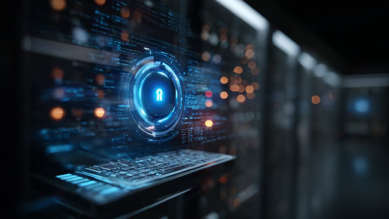 A captivating visualization of cybersecurity technology, showcasing a futuristic lock icon on a digital interface, surrounded by intricate data patterns and illuminated server environments, symbolizing protection and encryption