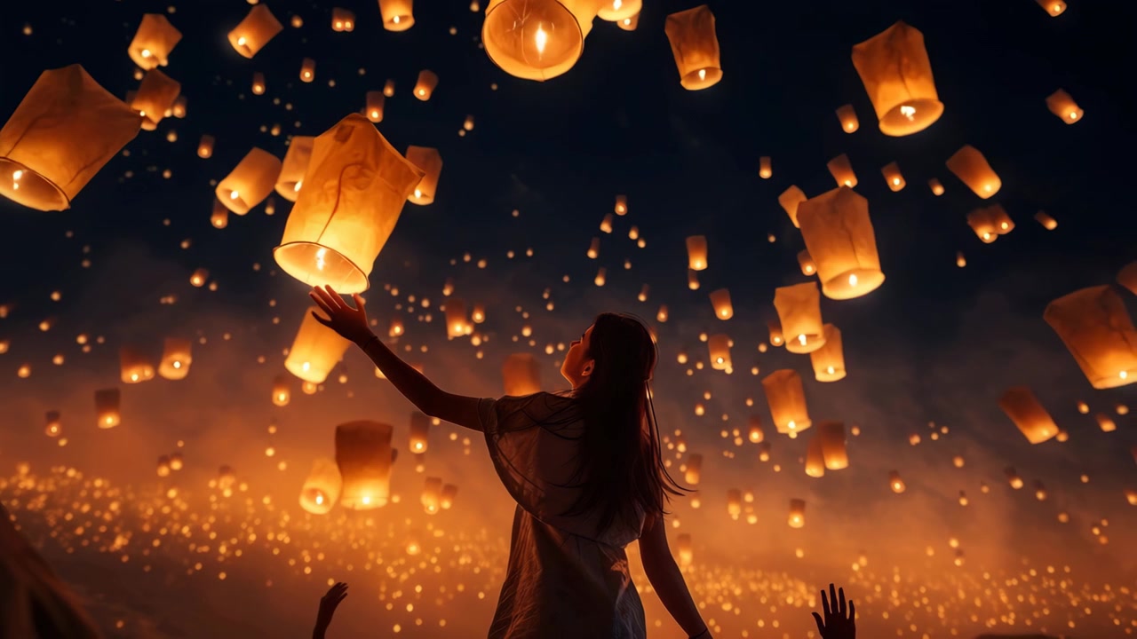 Mujer alcanzando farolillos voladores luminosos en un festival nocturno