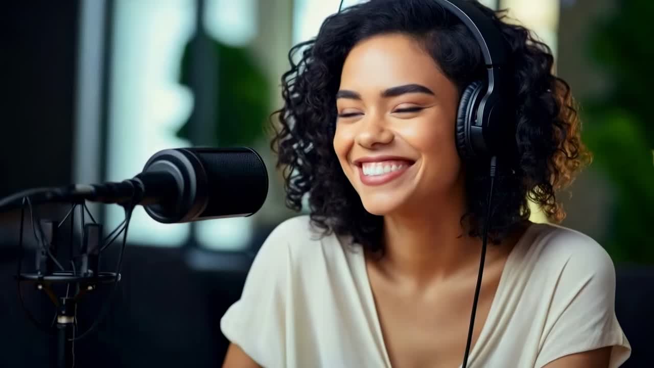 Primo piano di una donna sorridente con le cuffie in uno studio di podcast