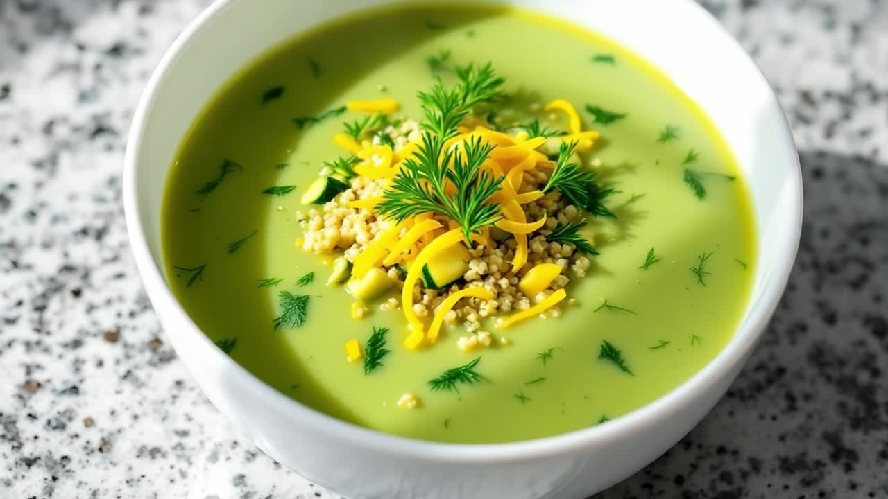 Green soup served in a white bowl, topped with fresh herbs and cheese, placed on a textured surface, showcasing vibrant colors and inviting presentation of a delicious dish
