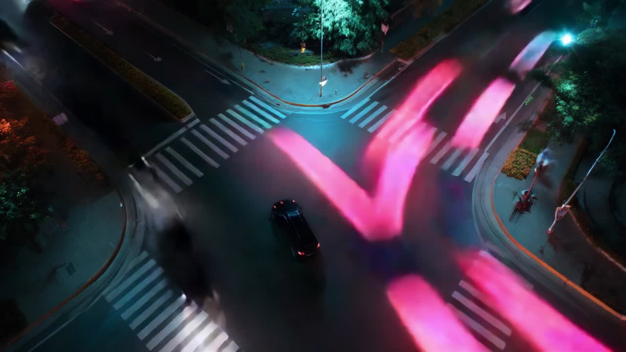 Dynamic Urban Intersection at Night Captured from Above with Vibrant Light Trails, Showcasing the Flow of Traffic, Vehicles in Motion, and the Energy of the City Streets in a Captivating Aerial Perspective