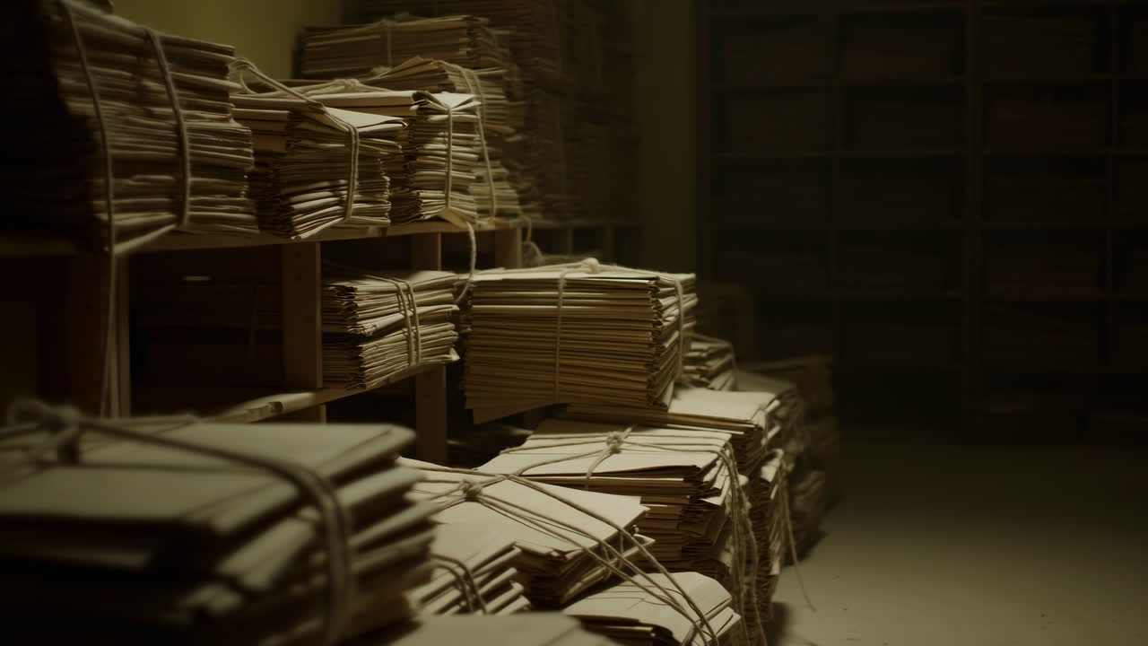 Dim Archive Room Stacked File Bundles, Dusty Tied Papers On Wooden Shelves Bathed In Low Warm Light, Silent