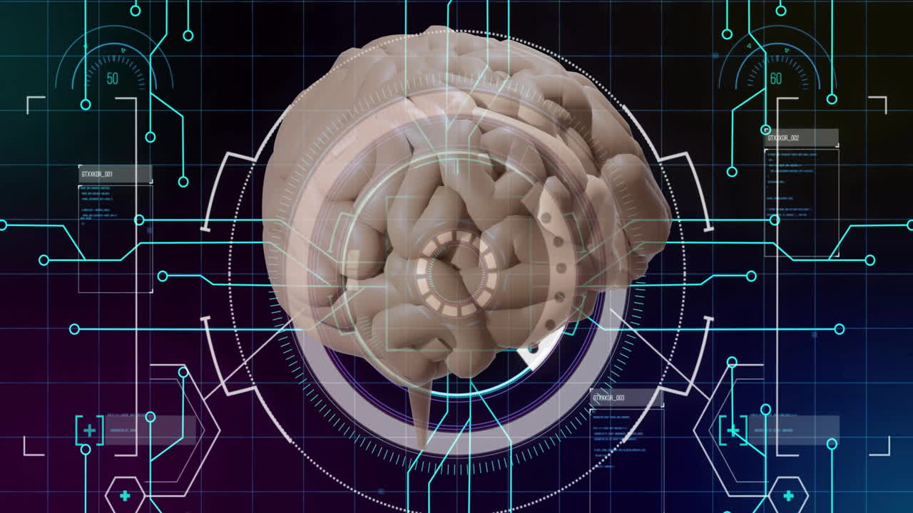 animación del cerebro humano y procesamiento de datos en una placa de circuitos