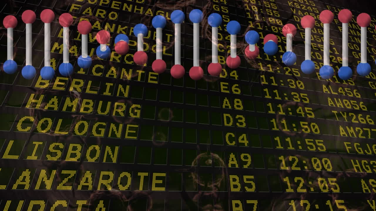 검은색 배경의 공항 정보 게시판에 대한 dna 구조 스핀링과 코로나19 세포