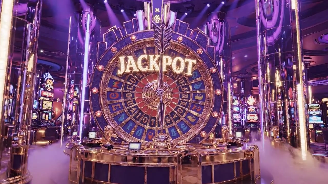 A Vibrant Casino Scene Showcasing the Grand Jackpot Wheel Surrounded by Sparkling Lights and Slot Machines in a Lively Entertainment Atmosphere