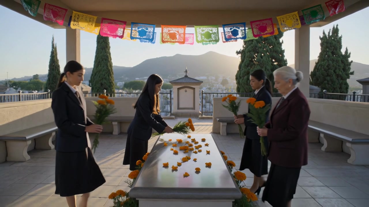 Mujer entrando con uniforme oscuro llevando caléndulas, un grupo colocando flores en un altar para un memorial.