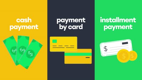 an animated presentation showcasing diverse payment methods, featuring a tri-fold selection that includes cash payments, card payments, and installment payment options