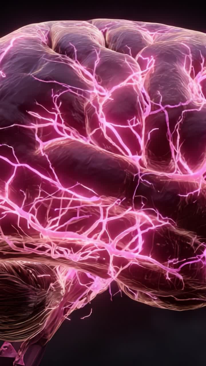 En imponerende visuell fremstilling av nevrale forbindelser som gløder av energi, og viser hjernens intrikate nettverk og dens elektriske aktivitet.