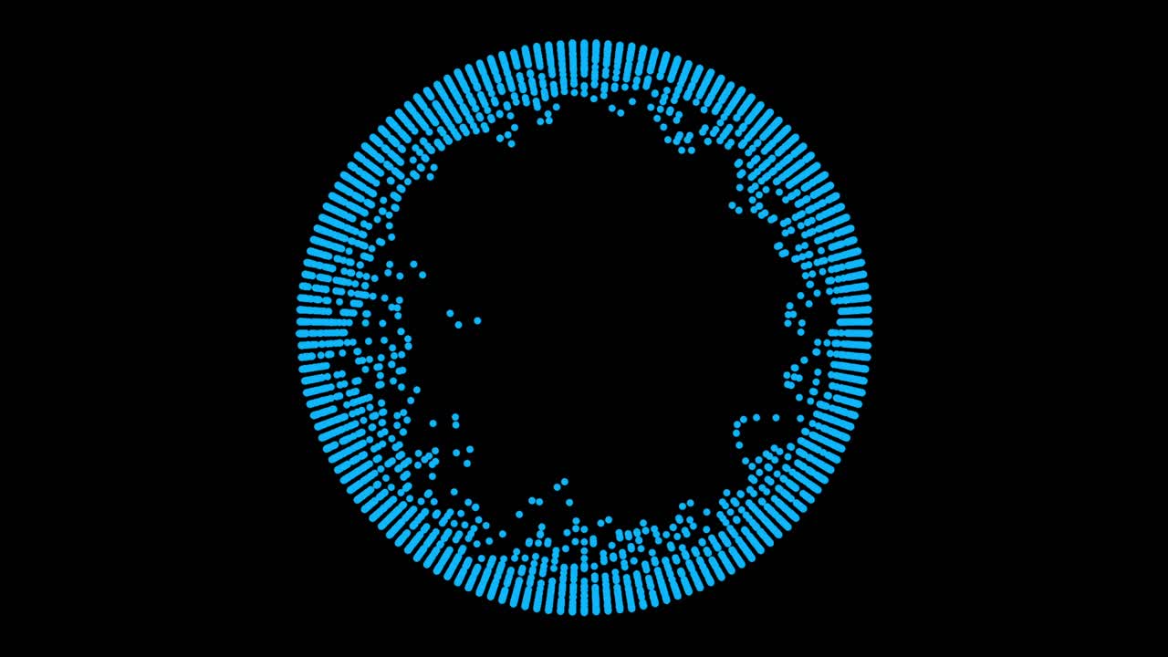 A ring of blue bars and particles animates like a radial audio visualizer with glitch effects. Seamless loop for music, technology, or data concepts. Isolated on black with copy space