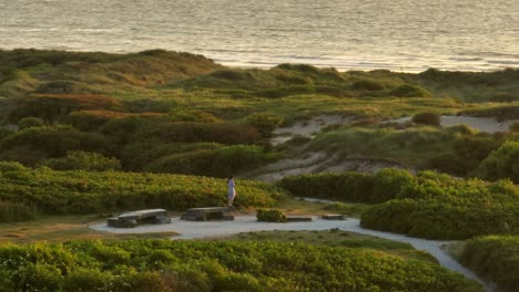 mujer de pie en el borde de un banco de piedra por el mar con vistas al paisaje de dunas