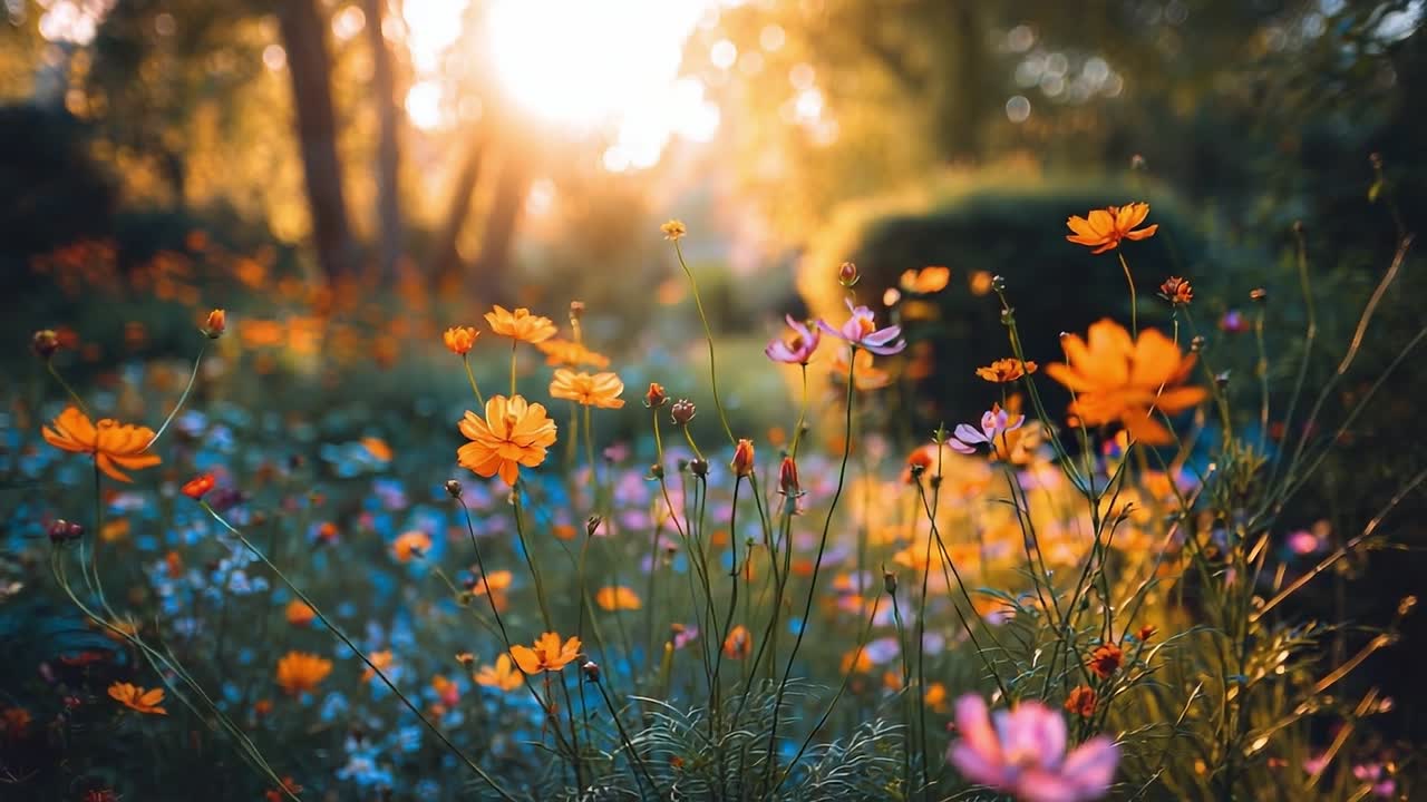 Colorful flowers blooming in a serene garden at sunset