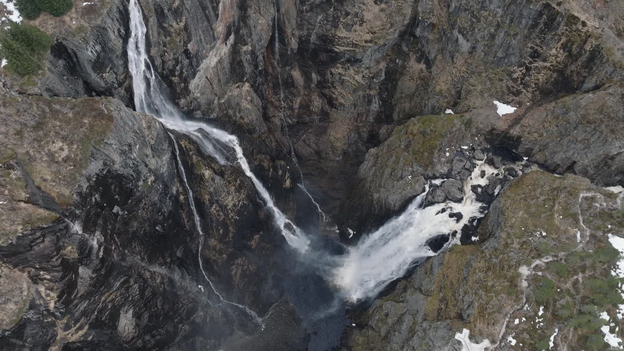 Drone Shot of Voringfossen Waterfall, Vestland, Norway. Birdseye Aerial View