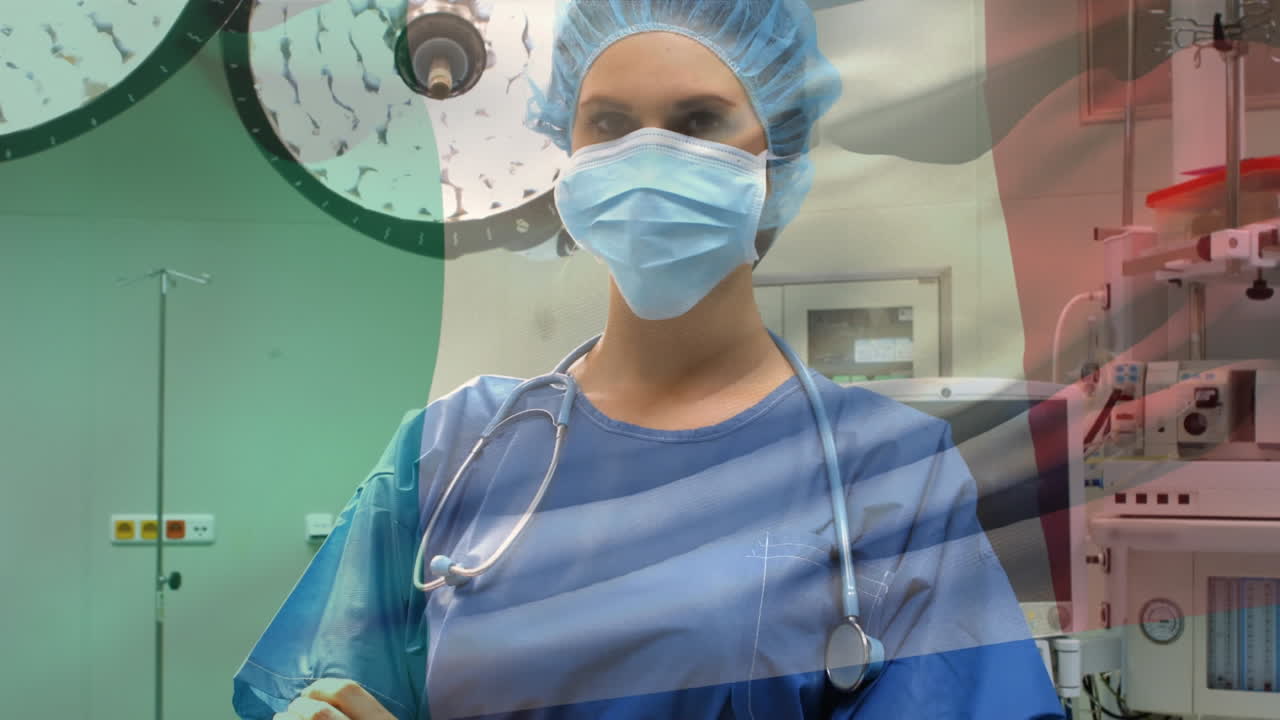 animación de la bandera de italia ondeando sobre el anestesiólogo en el quirófano