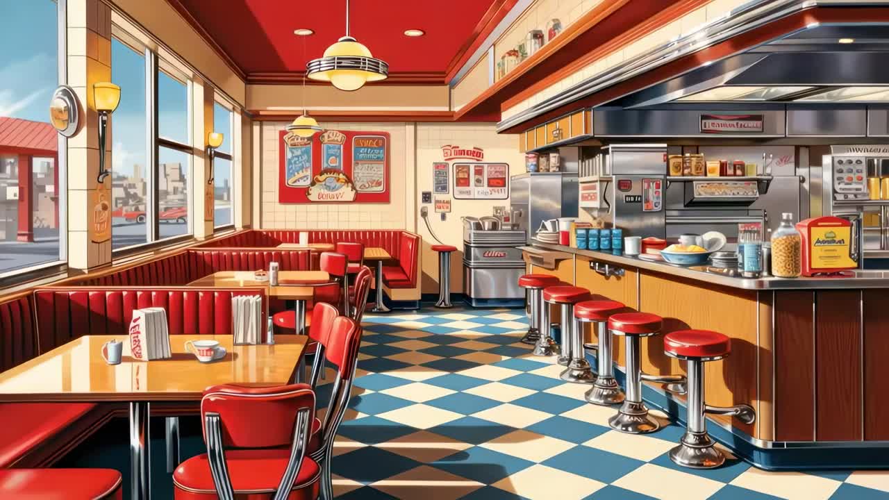Retro diner interior with a nostalgic 1950s style, captured from a wide-angle view