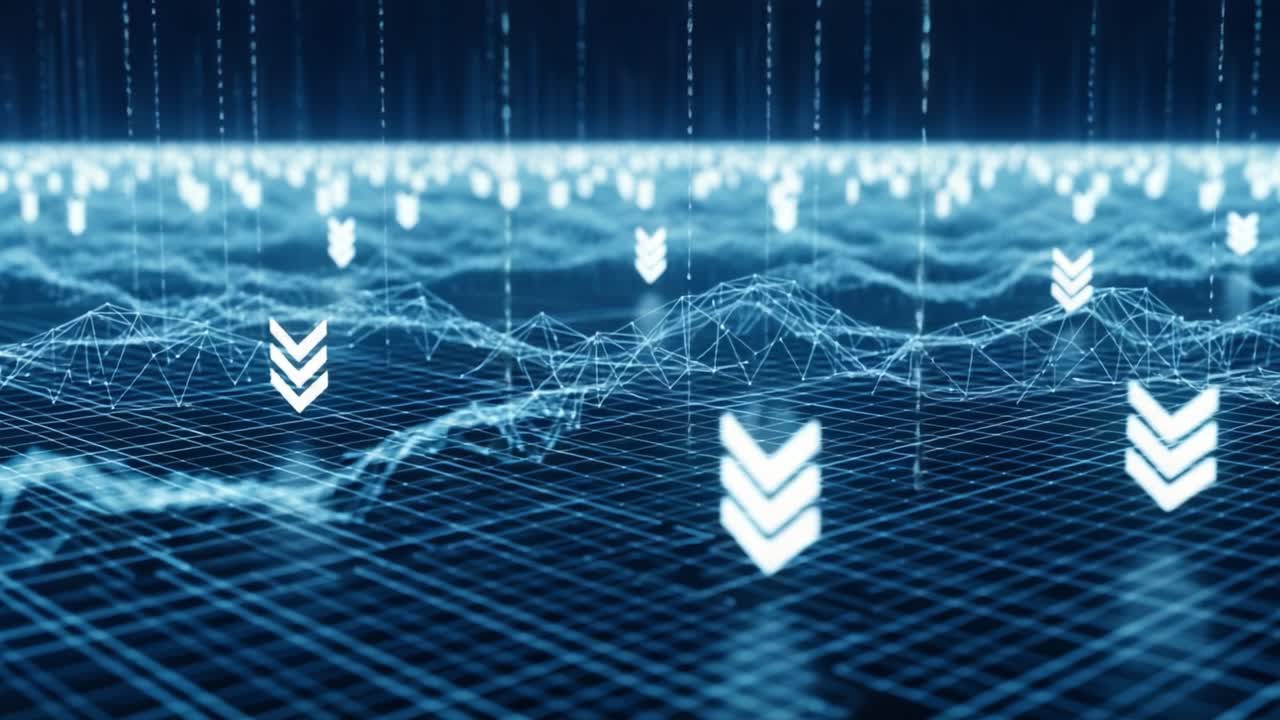 Illustration of Data Waves and Digital Arrows in a Futuristic Grid Landscape Representing Complex Information Flow and Technological Progress in Data Science
