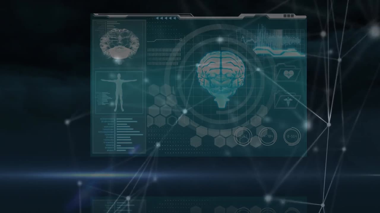 animación de la red de conexiones y procesamiento de datos sobre fondo negro