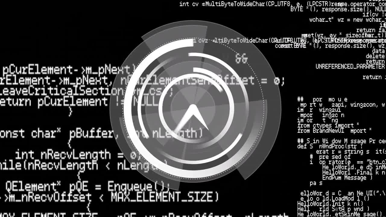 Animation of scope scanning with clock over data processing on black background
