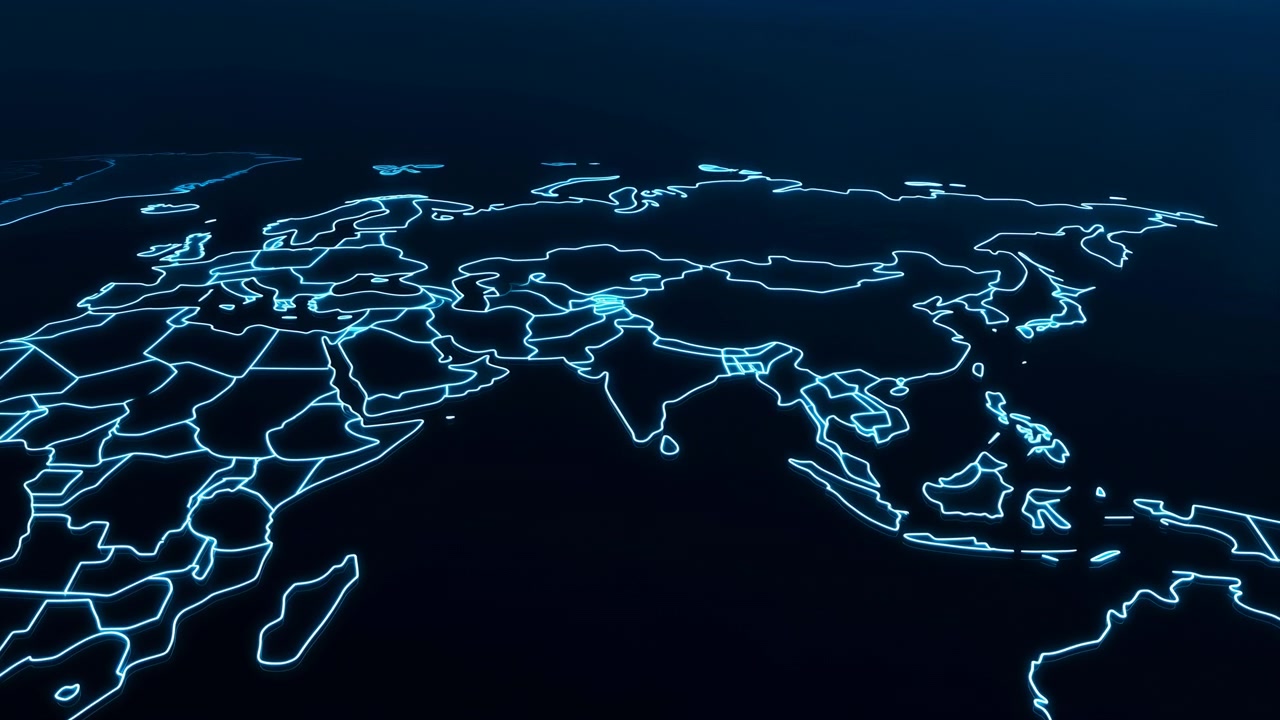 Dark minimal geographic backdrop with glowing blue coastline lines, scattered land outlines, and a deep navy field that suggests global navigation and modern