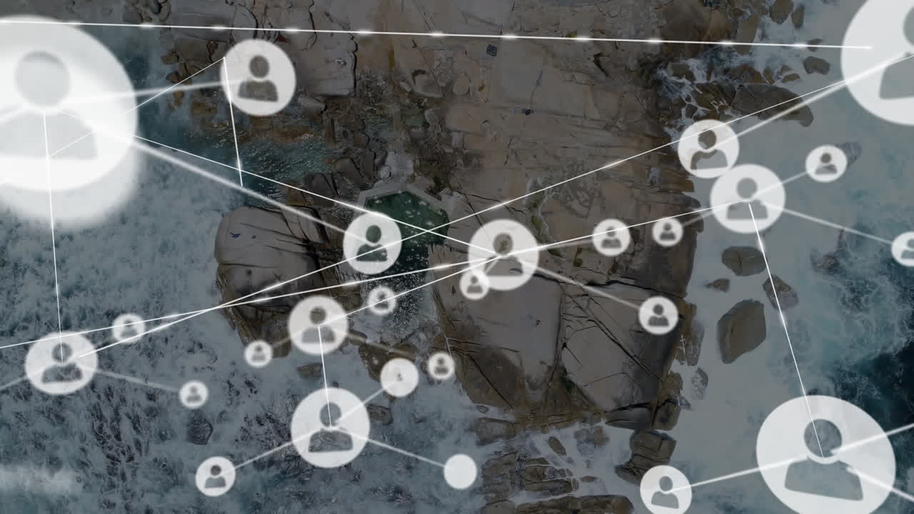 바다 전망 위의 아이콘과 연결 네트워크의 애니메이션