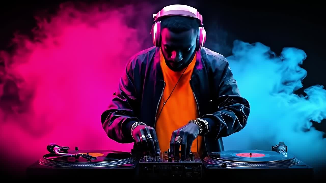 A man in a black jacket and orange shirt playing a dj set