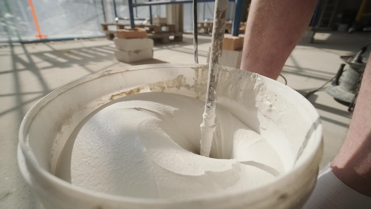A construction worker mixes mortar with a power drill in a bucket on a scaffolding-covered building site, showcasing the construction process