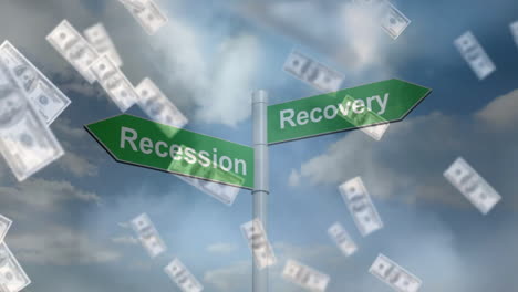 animation of dollar bills over road sign with recession and recovery texts and sky with clouds