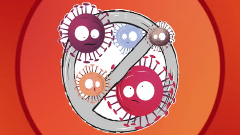 animación de un cartel de prohibición con células de virus sobre un fondo rojo