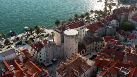 aerial of vocni trg with an octagonal venetian tower and magnificent baroque palace milesie in split, croatia