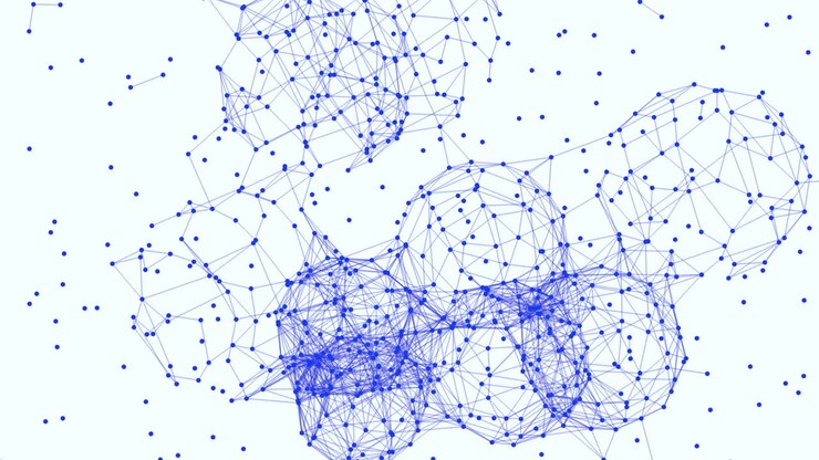 Linee blu connesse in sfere geometriche continue su gradiente bianco