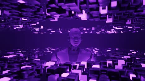 Humanoid robot standing inside a tunnel of glowing purple cubic structures. Monochrome 3D digital illustration. Artificial intelligence and technology concept, banner, wallpaper