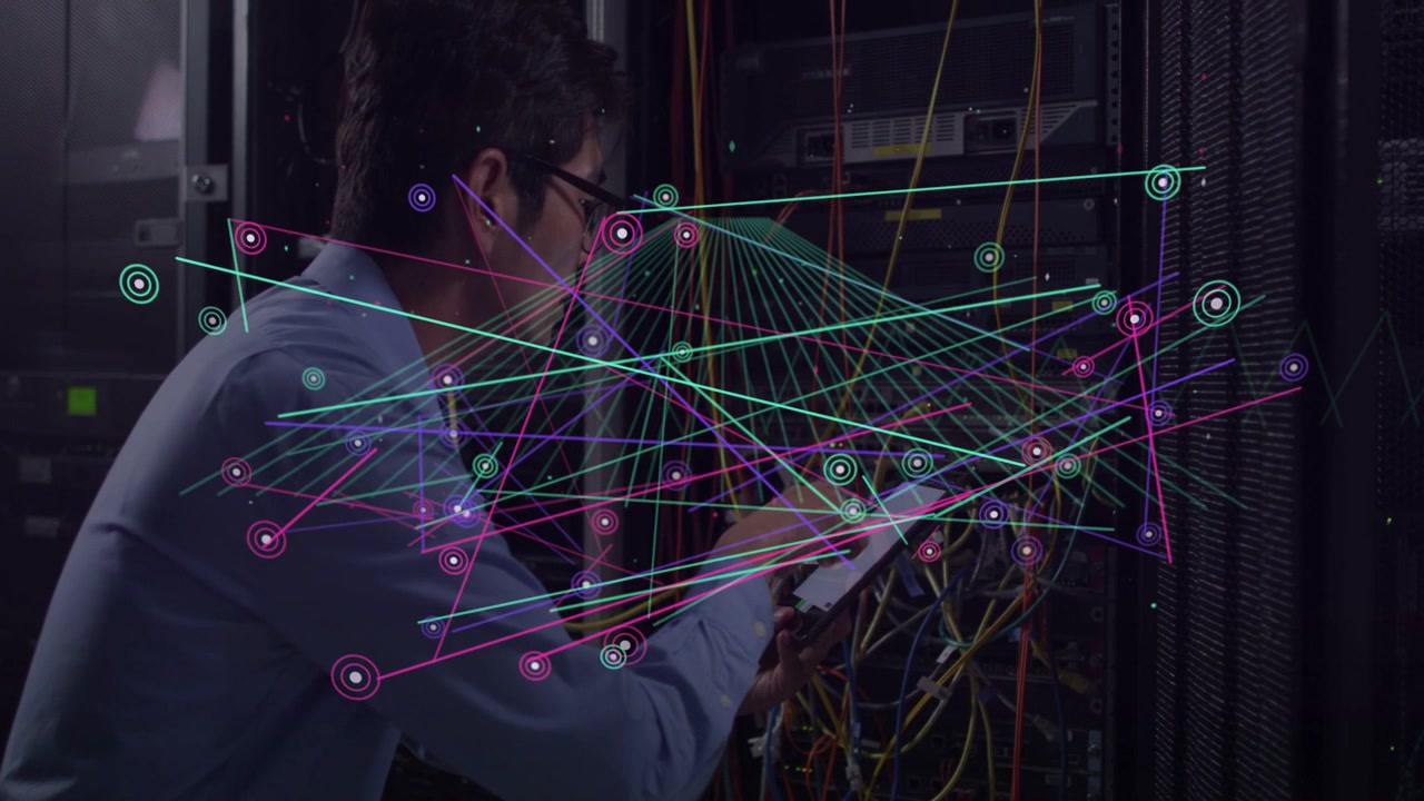 Vertical video: Rack tech using tablet tuning cables and verifying network links as overlay growing