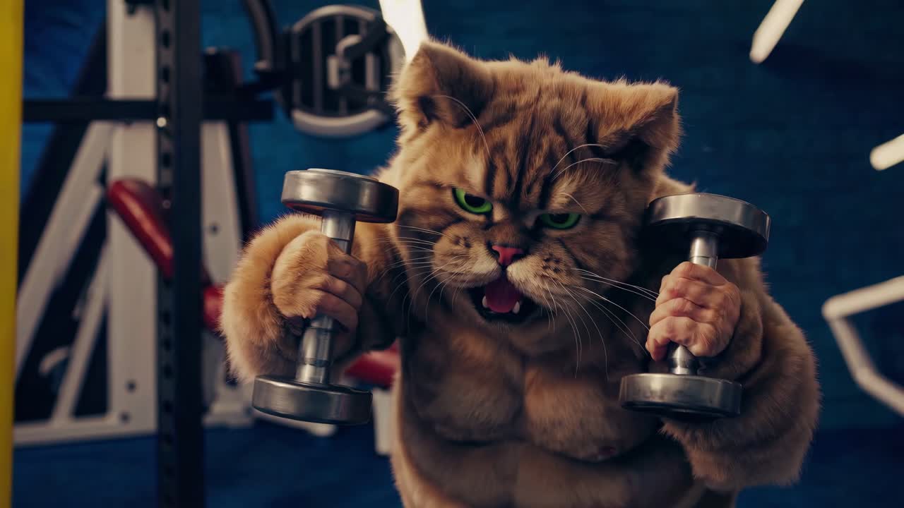 Strong ginger cat intensely lifting weights in a gym setting, displaying a muscular physique while embodying fitness, determination, and an active lifestyle with every rep