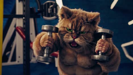 strong ginger cat intensely lifting weights in a gym setting, displaying a muscular physique while embodying fitness, determination, and an active lifestyle with every rep