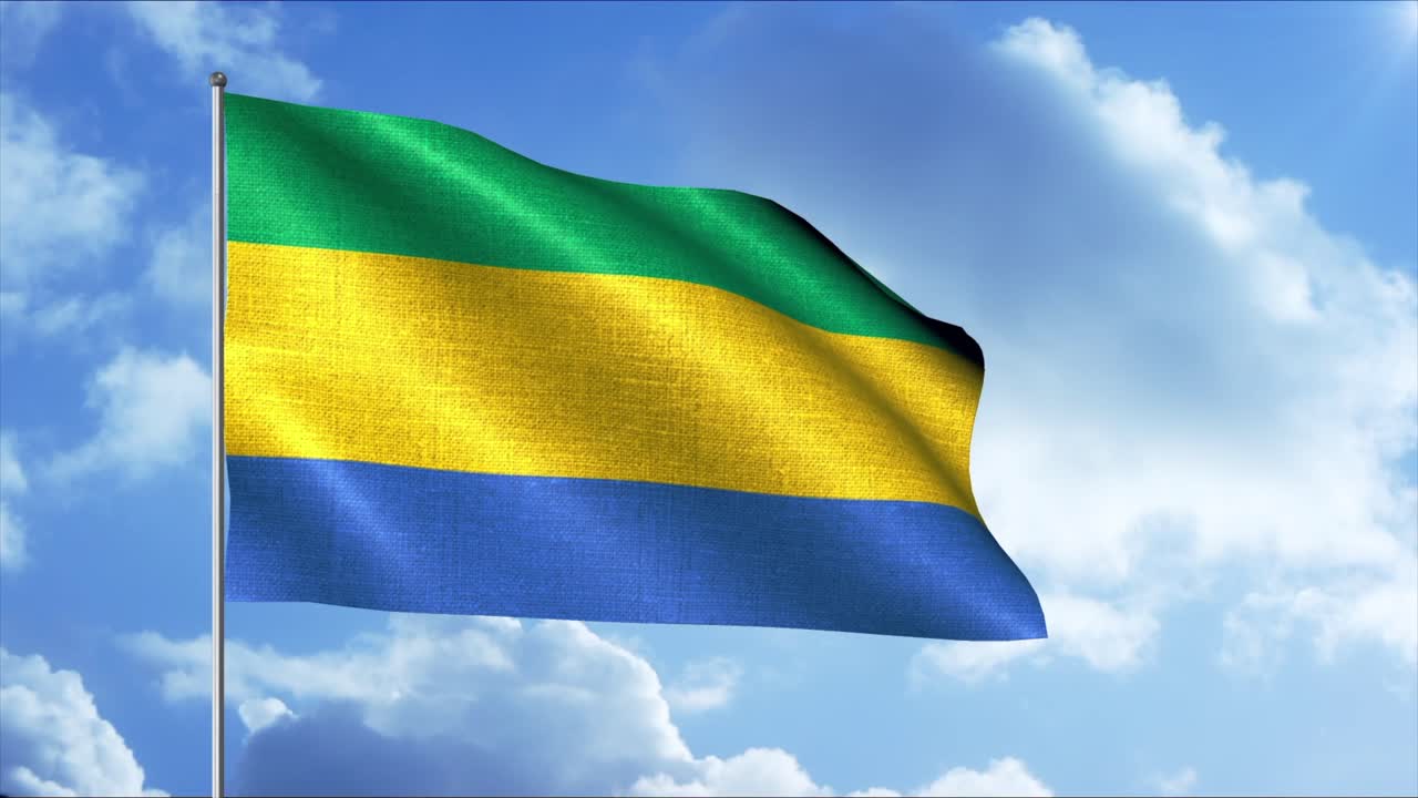 bandera de gabón ondeando en el viento contra un cielo azul con nubes