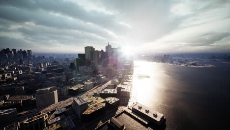 aerial view of a city skyline at sunset