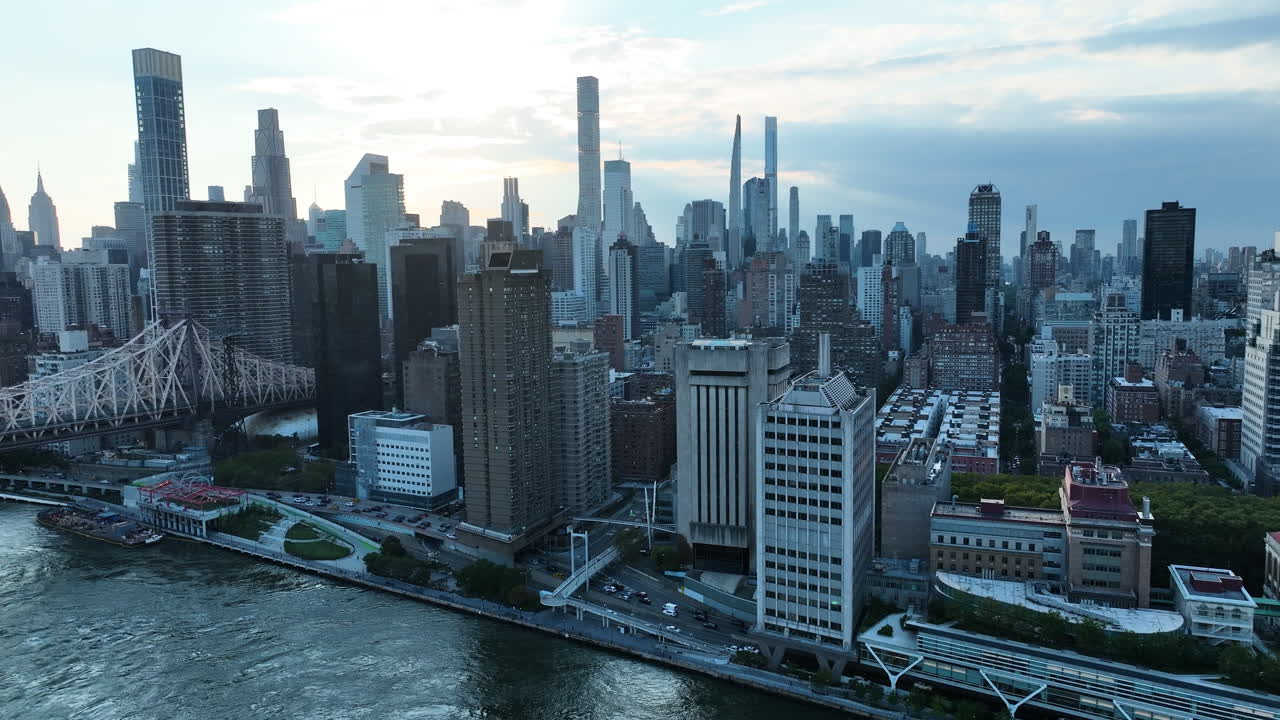 Midtown Manhattan At Sunset In New York City - Aerial Drone Shot