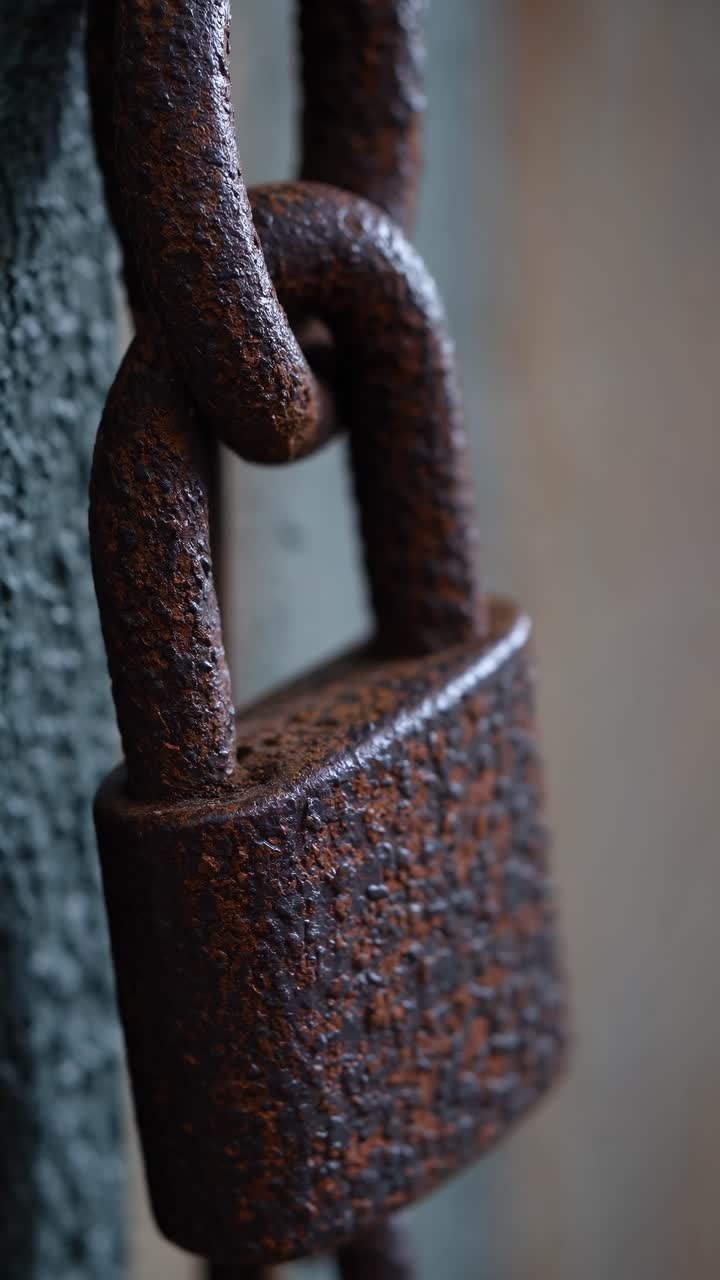 Close-up shot of a rusty padlock on a chain, captured from a side angle