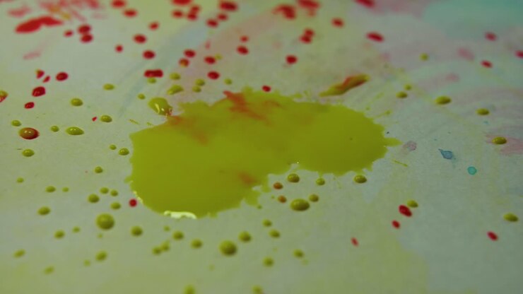Yellow watercolor ink drops on painted paper, original abstract artwork texture