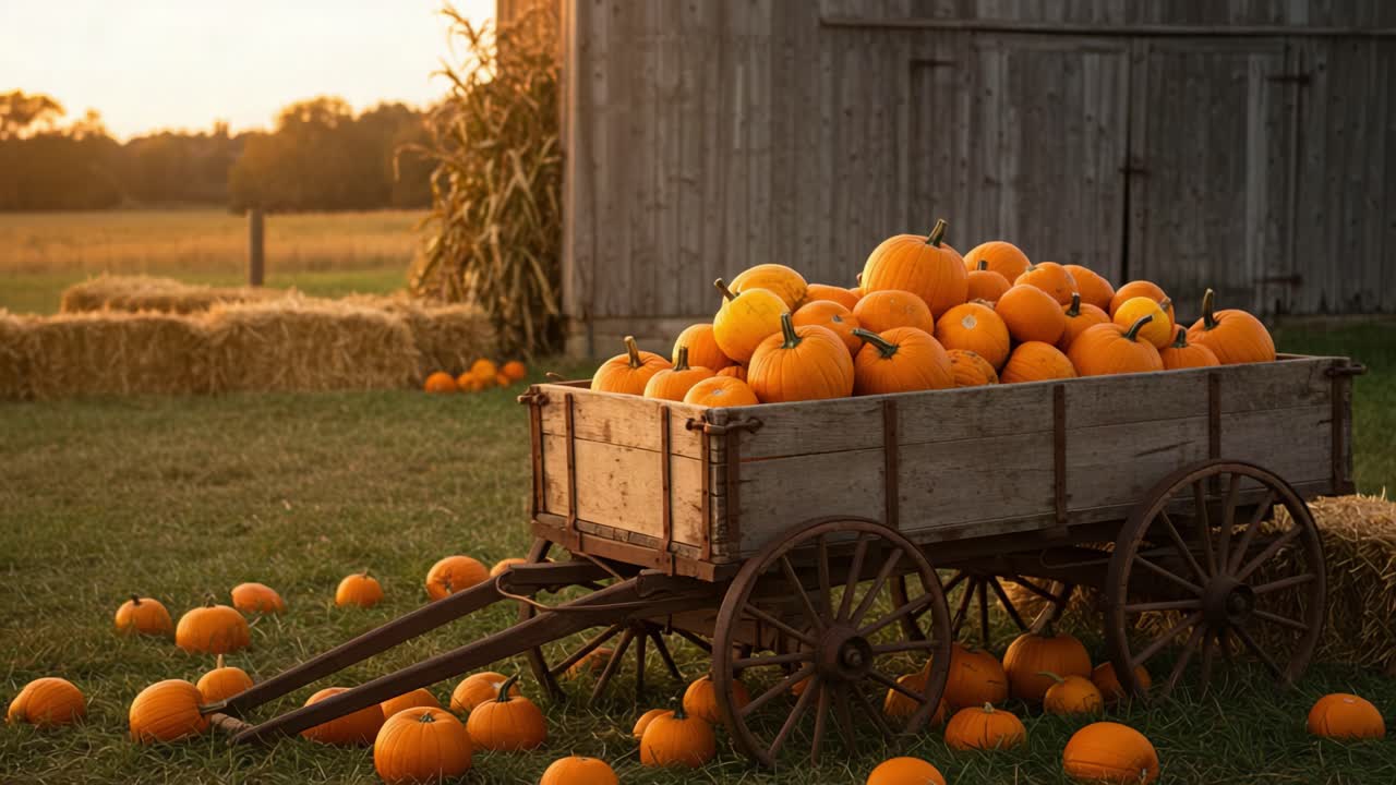A Beautiful Autumn Scene Featuring a Rustic Cart Overflowing with Vibrant Orange Pumpkins on a Serene Farm Landscape at Sunset