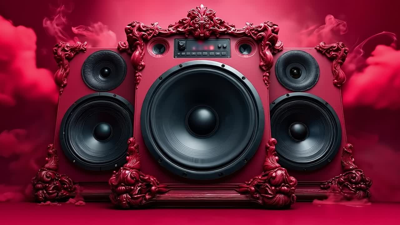 A red boombox with smoke coming out of it