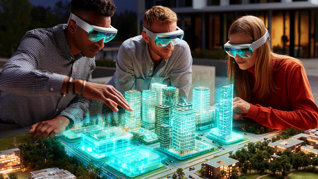 Innovative Collaboration in Augmented Reality: Three Individuals Engaging with a Digital Model of a Futuristic City, Showcasing Interactive Technology and Architectural Imagination
