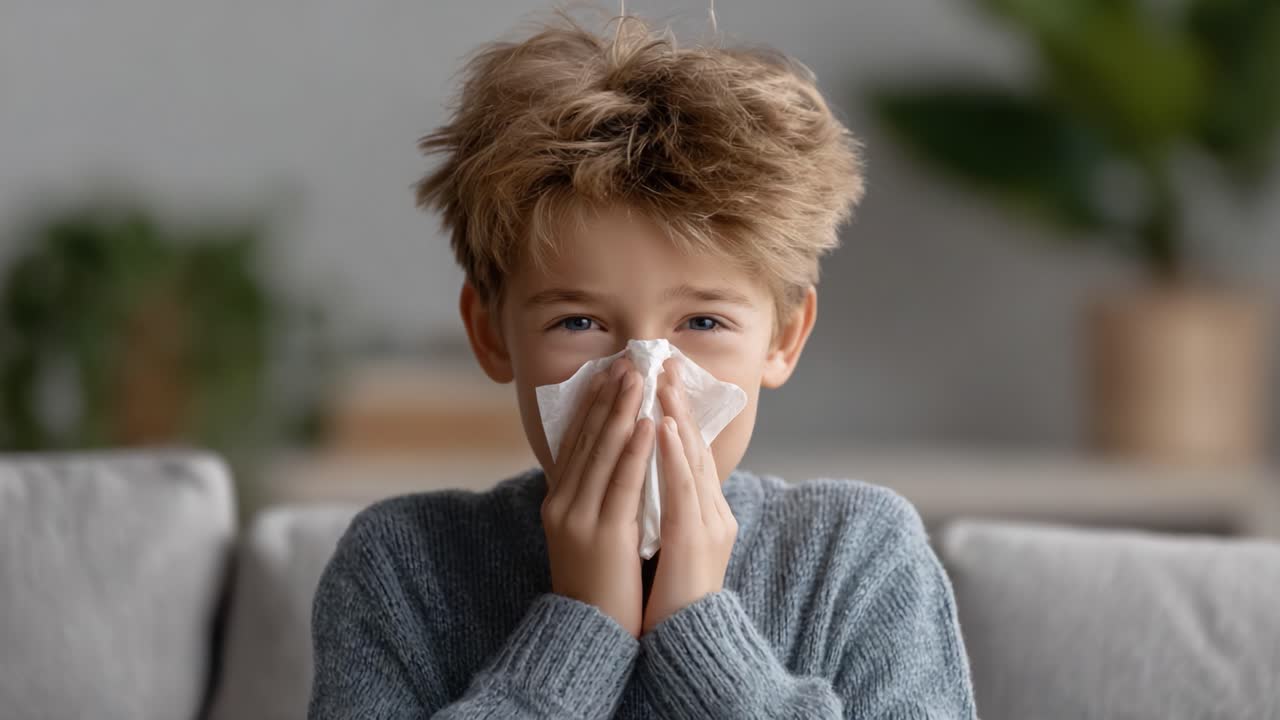 A Young Boy Experiences Illness and Reflection at Home, Holding a Tissue to His Face While Displaying Mixed Emotions During a Tough Day