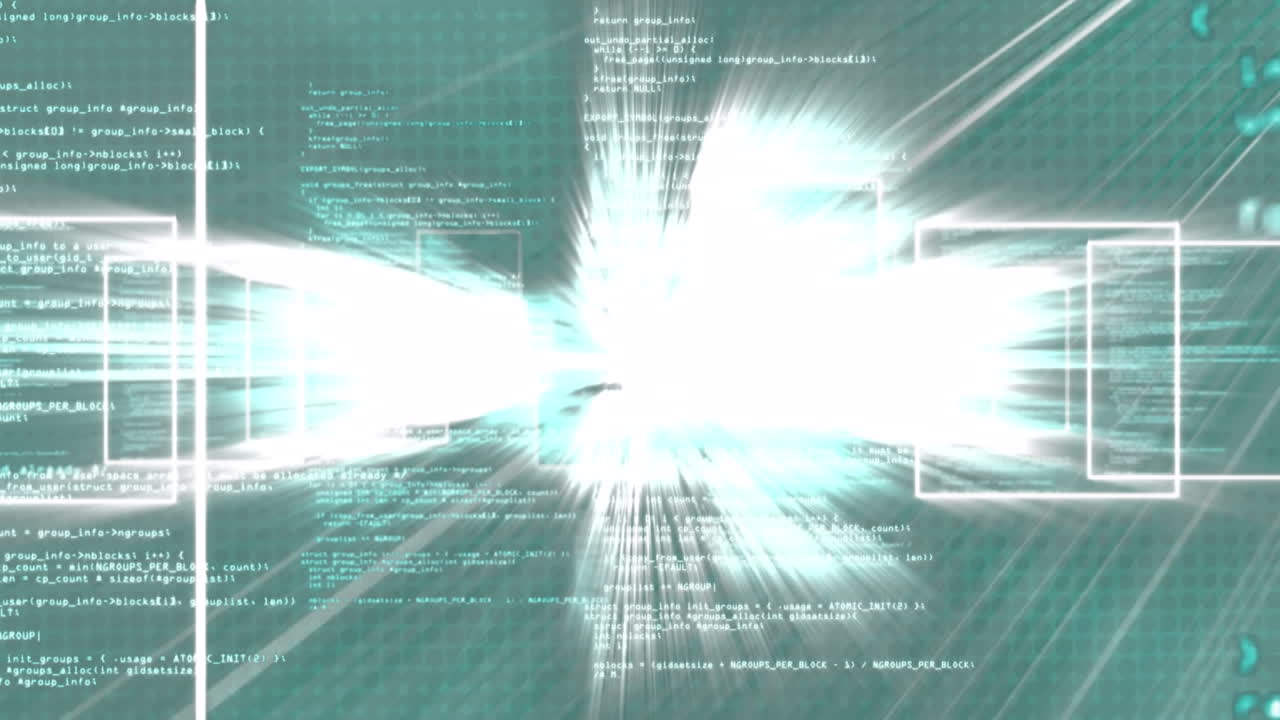 데이터 처리의 디지털 애니메이션과 초록색 배경에 떠다니는 여러 개의 사각형 모양