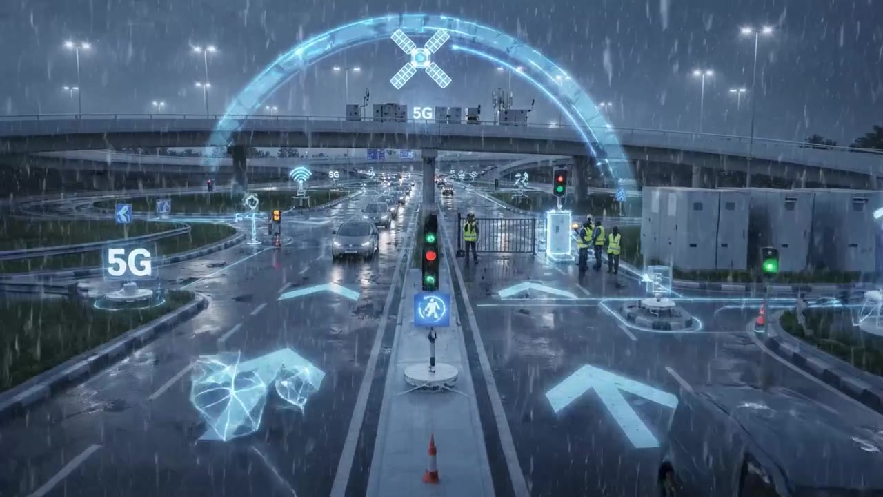 Gestione intelligente del traffico futuristica sotto la pioggia: connettività e guida migliorate in una notte piovosa con controlli di tecnologia 5G avanzata e misure di sicurezza