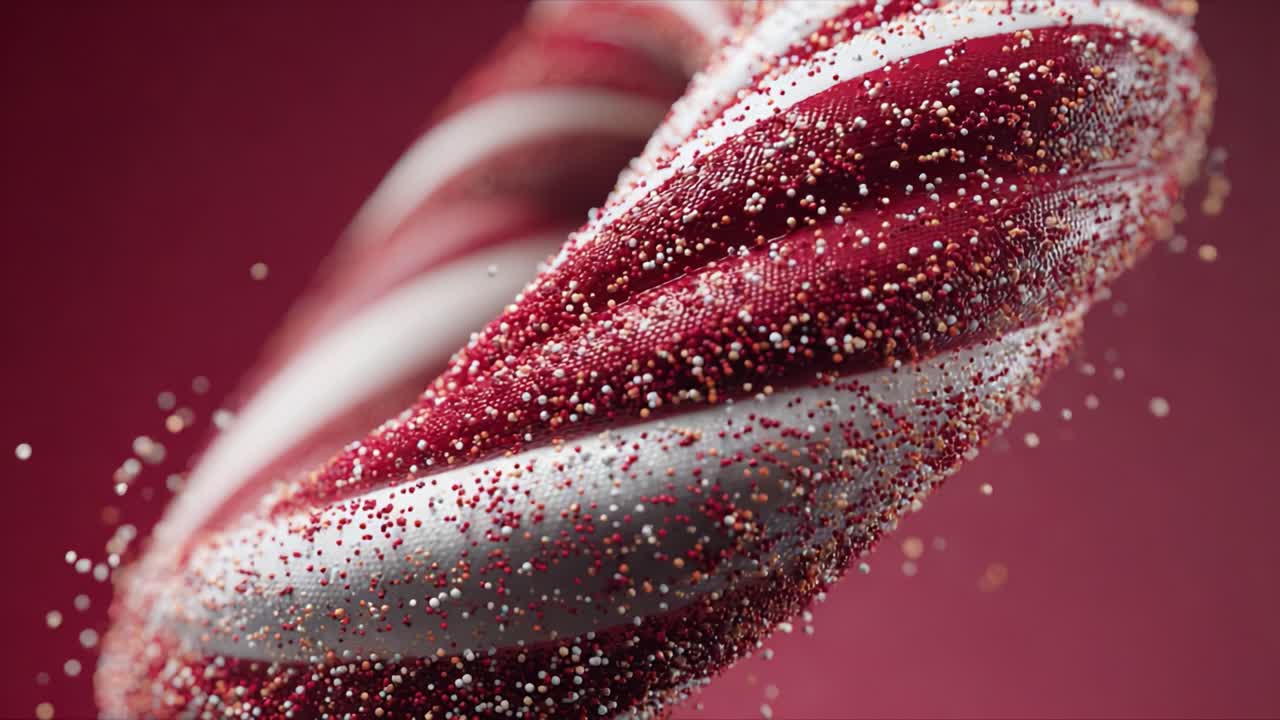 Close-Up View of a Twisted Candy Cane with Sparkling Glitter Against a Rich Background, Highlighting the Swirling Red and White Design